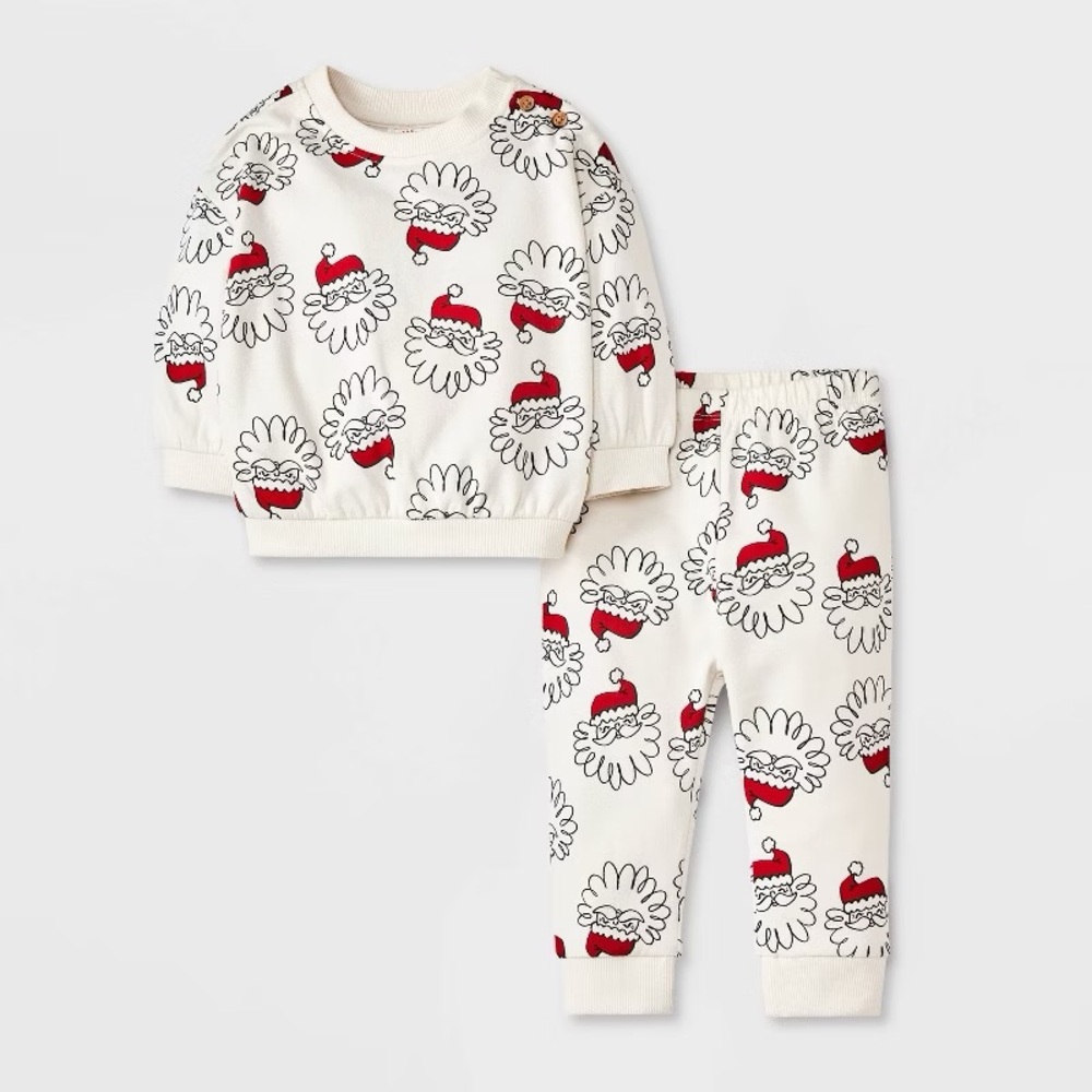 Baby Holiday Christmas Santa Fleece Sweatshirt & Jogger Pants Set nwt White/Red